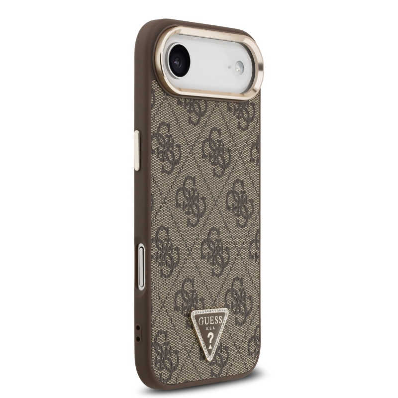 Guess PU kožený 4G štrasové trojuholníkové logo Gold Frame MagSafe zadný kryt pre iPhone Air Brown