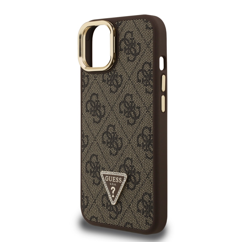 Guess PU 4G Strass Triangle Logo Stand Camera Frame MagSafe Zadný Kryt pre iPhone 15 Brown