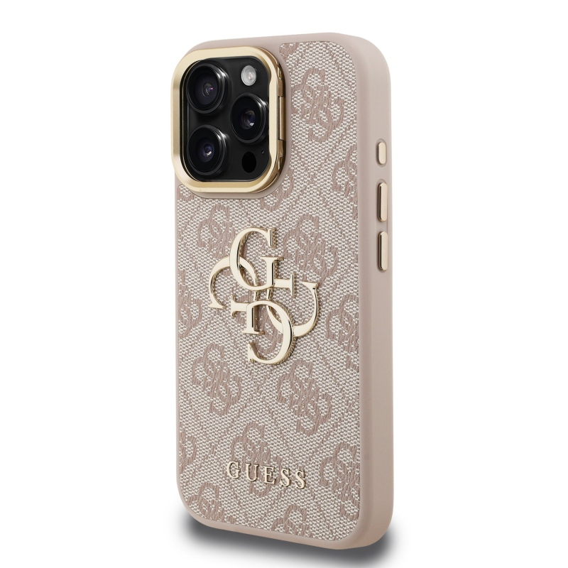 Guess PU 4G Metal Logo Stand Camera Frame Zadný Kryt pre iPhone 16 Pro Pink