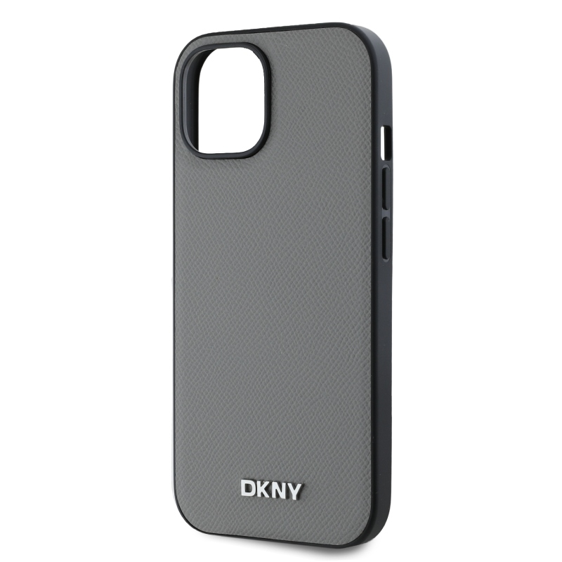 DKNY PU Leather Silver Metal Logo Magsafe Zadný Kryt pre iPhone 14 Grey