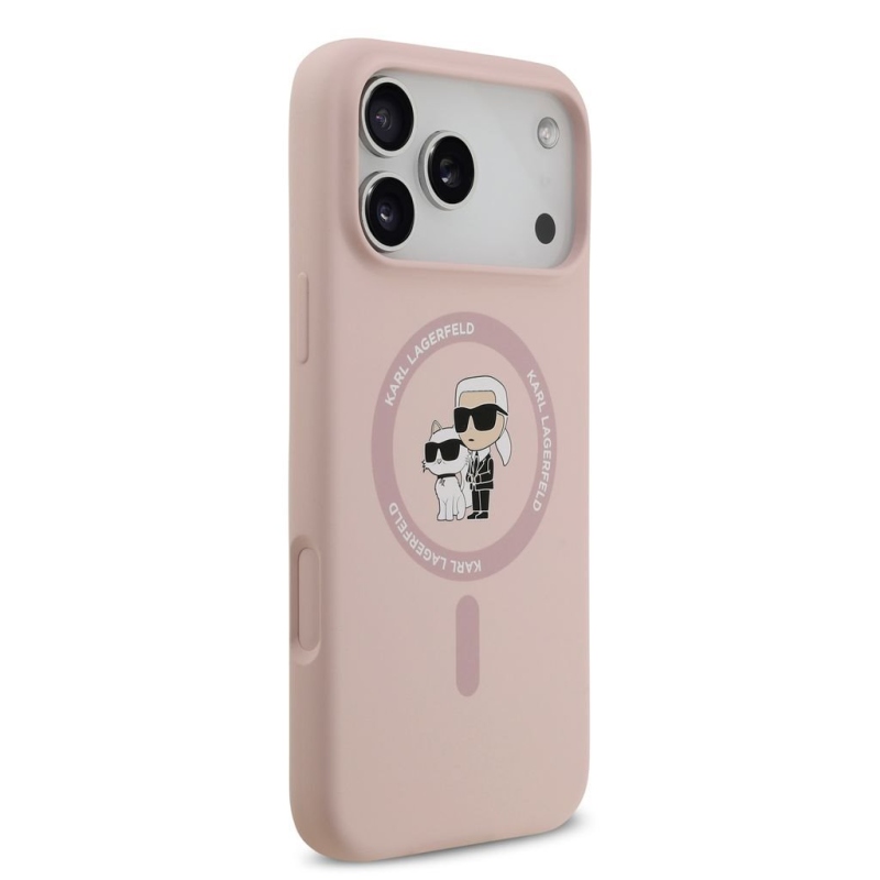 Karl Lagerfeld – zadný kryt z tekutého silikónu s motívom Karla a Choupette, kompatibilný s MagSafe, pre iPhone 18 Pro Max, ružový