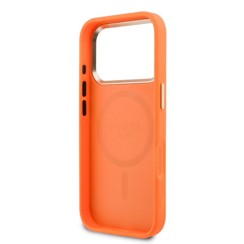 Guess PU perforovaný zadný kryt 4G pre iPhone 17 Pro Orange
