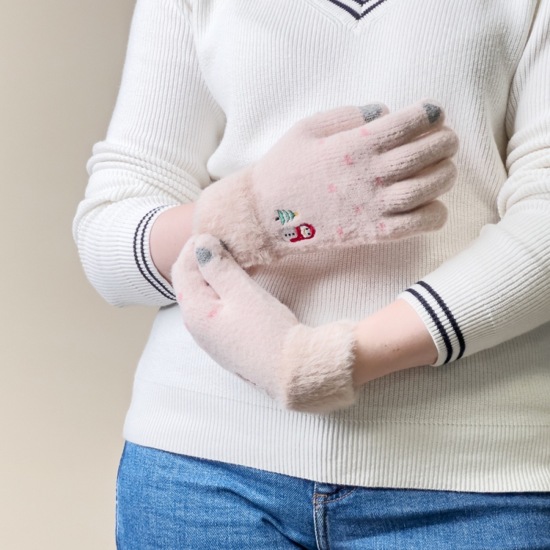 Dámske zimné rukavice s otvorom na telefón, so snehuliakom a vianočným stromčekom – béžové