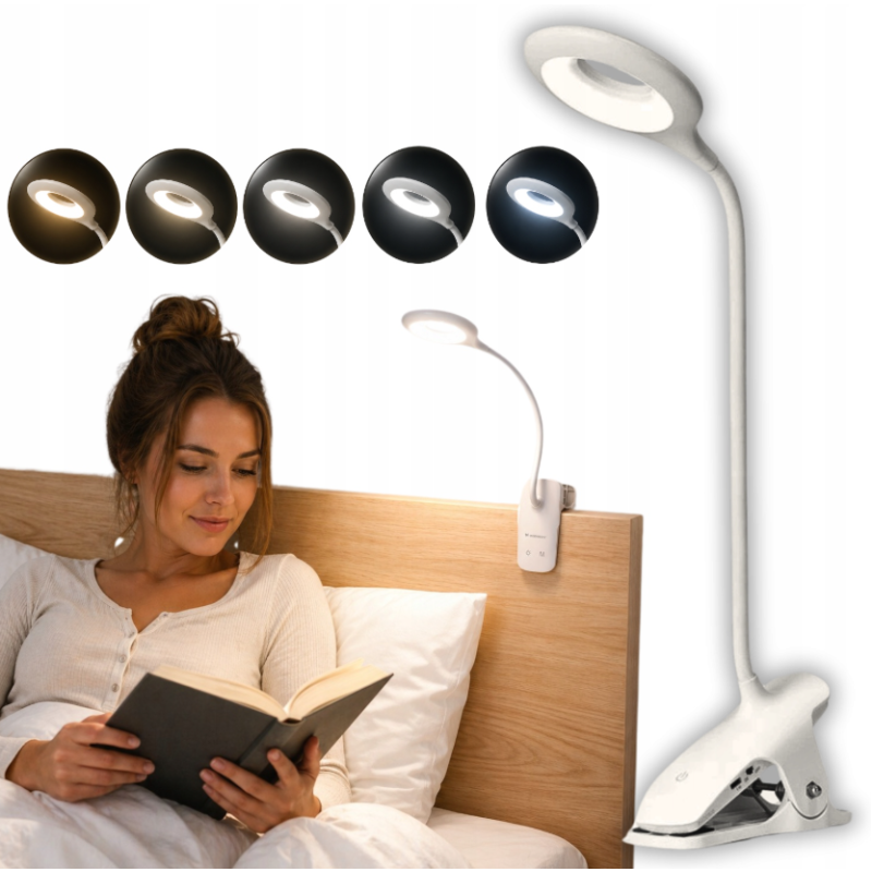 Bezdrôtová LED lampa na čítanie Mini Wozinsky s klipom + kábel USB-C – biela