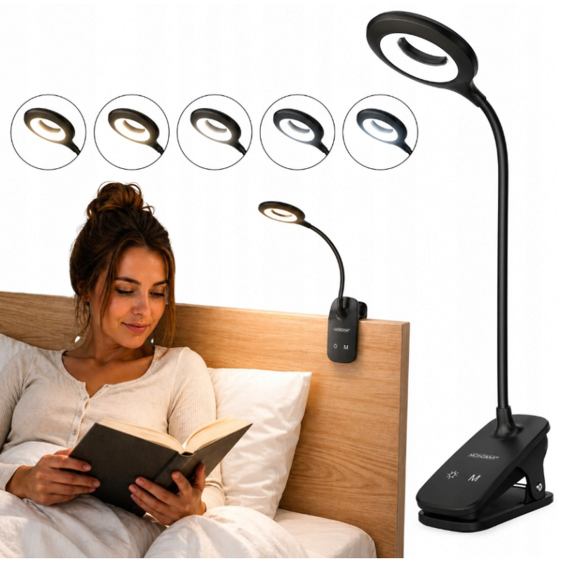 Bezdrôtová LED lampa na čítanie Mini Wozinsky s klipom + kábel USB-C – čierna