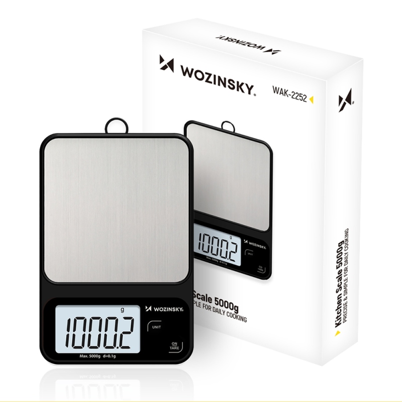 Kuchynská váha Wozinsky WAK-2252 s vysokou presnosťou a veľkým LCD displejom, nosnosť až 5 kg – čierna