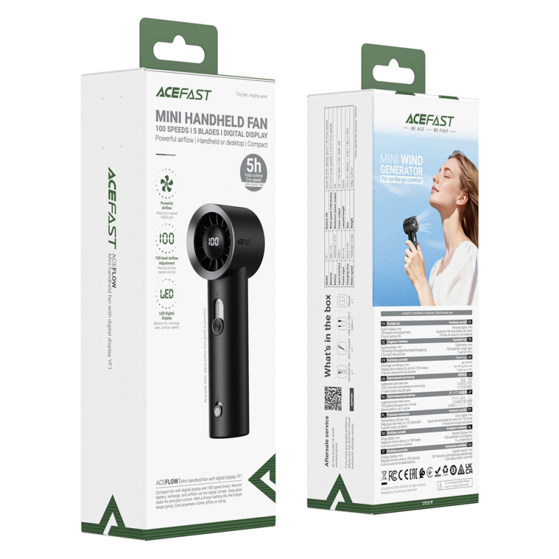 Ručný ventilátor Acefast YF1 Mini s LED displejom a plynulým nastavením prúdu vzduchu – čierny