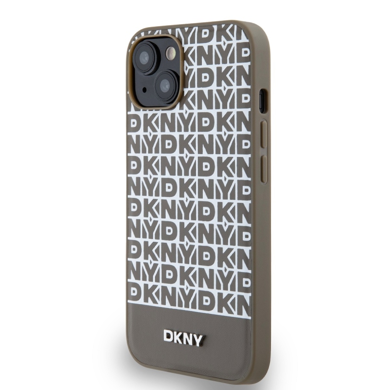 DKNY PU Leather Repeat Pattern Bottom Stripe MagSafe Zadný Kryt pre iPhone 14 Brown