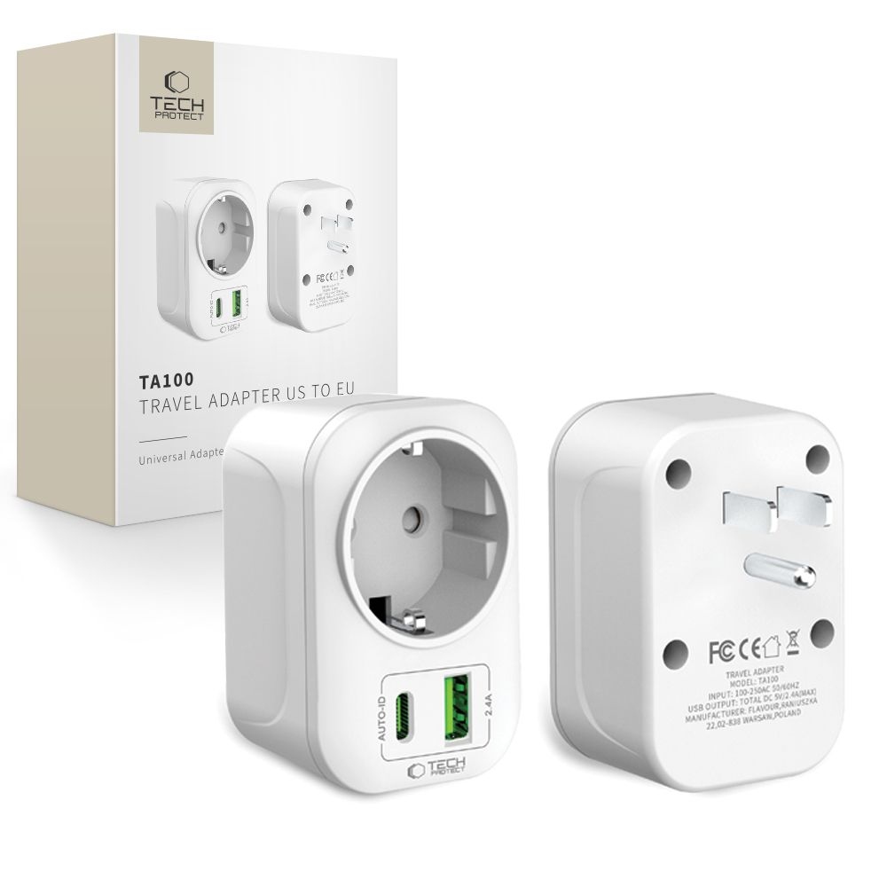 Tech-Protect TA100 cestovný adaptér EÚ na US s USB-C a USB-A