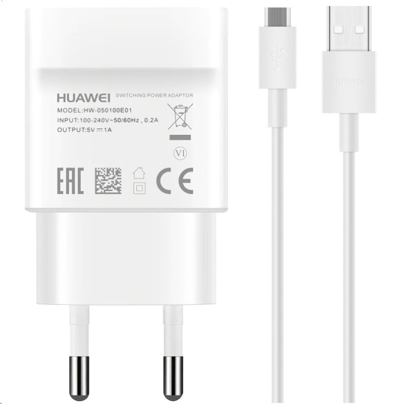 HW-050100E01W Huawei USB Cestovná nabíjačka + microUSB Dát. Kábel White (Service Pack)