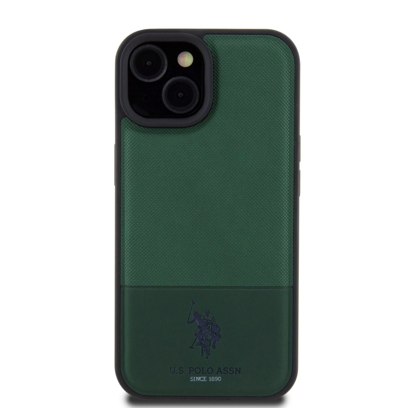 U.S. Polo PU Leather Mesh Pattern Double Horse Zadný Kryt pre iPhone 15 Green