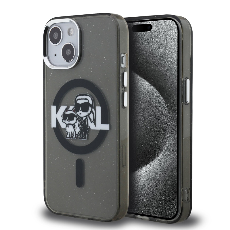 Karl Lagerfeld IML Glitter Karl and Choupette Sketch MagSafe Zadný Kryt pre iPhone 15 Black