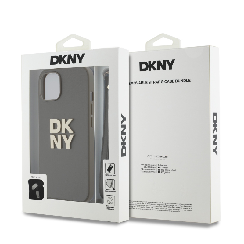 DKNY PU Leather Stack Logo Wrist Strap Zadný Kryt pre iPhone 14 Brown