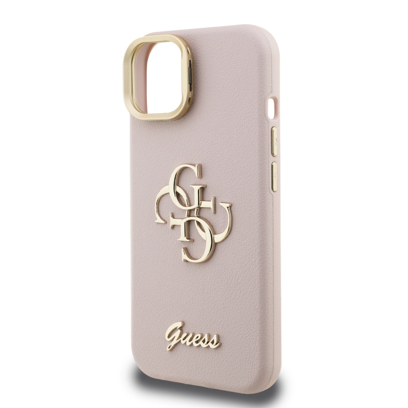 Guess PU Grained 4G Logo Stand Camera Frame Zadný Kryt pre iPhone 14 Pink