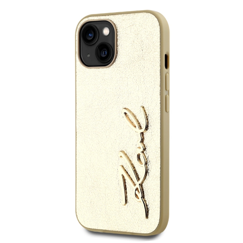 Karl Lagerfeld Wrinkled PU Signature Logo Zadný Kryt pre iPhone 15 Gold