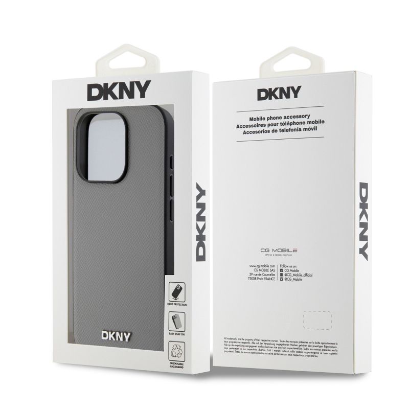 DKNY PU Leather Silver Metal Logo Magsafe Zadný Kryt pre iPhone 15 Pro Max Grey