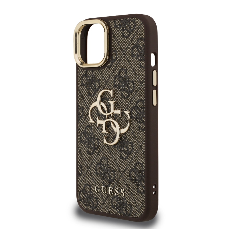 Guess PU 4G Metal Logo Stand Camera Frame Zadný Kryt pre iPhone 14 Brown