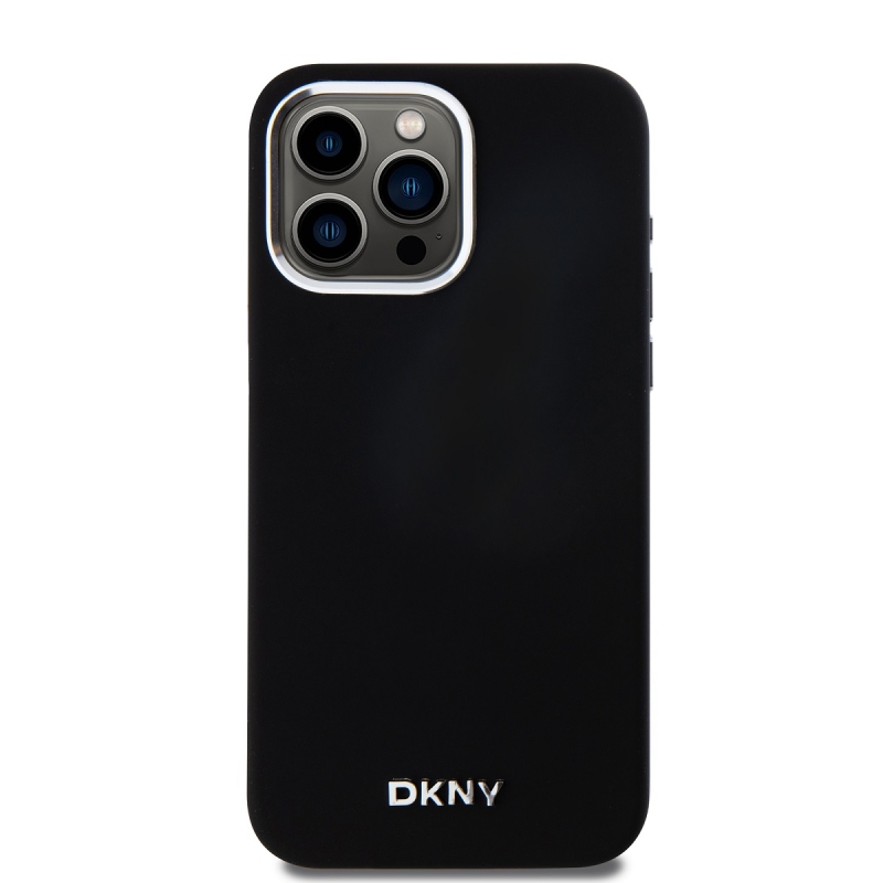 DKNY Liquid Silicone Silver Metal Logo Magsafe Zadný Kryt pre iPhone 15 Pro Max Black