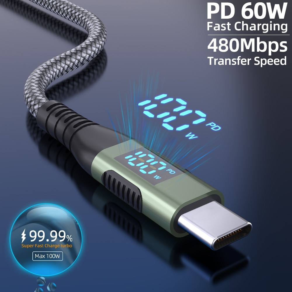 Nylonový kábel USB-C / USB-C s displejom 1m 100W - šedý