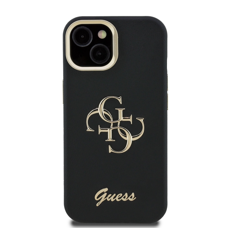 Guess PU Grained 4G Logo Stand Camera Frame Zadný Kryt pre iPhone 14 Black