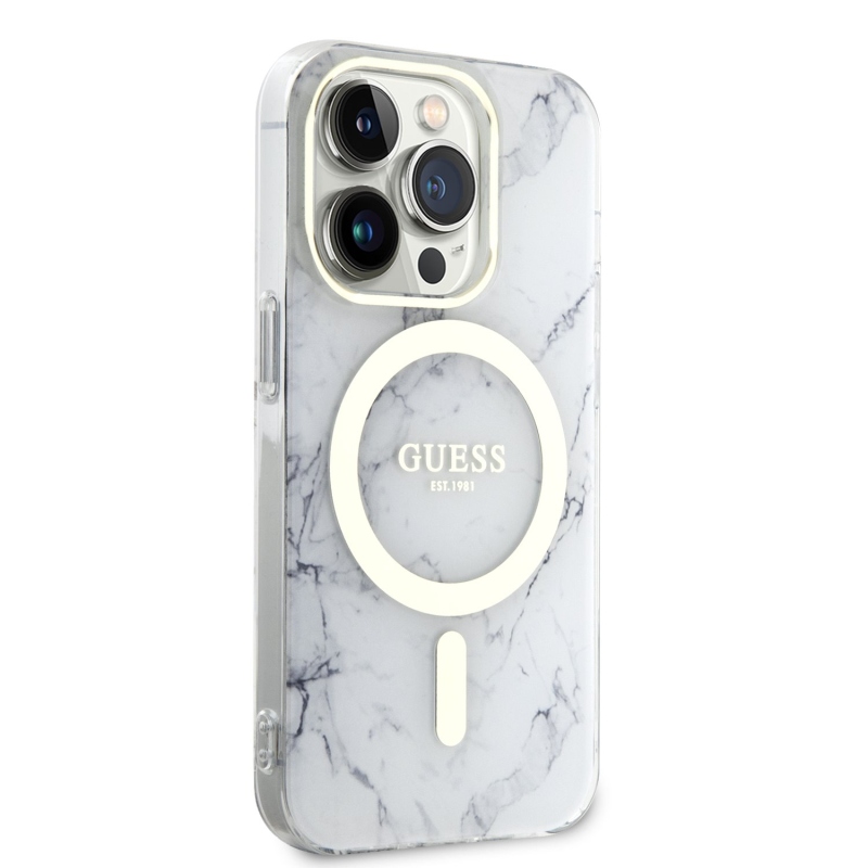 Guess IML Marble MagSafe Zadný Kryt pre iPhone 13 Pro White