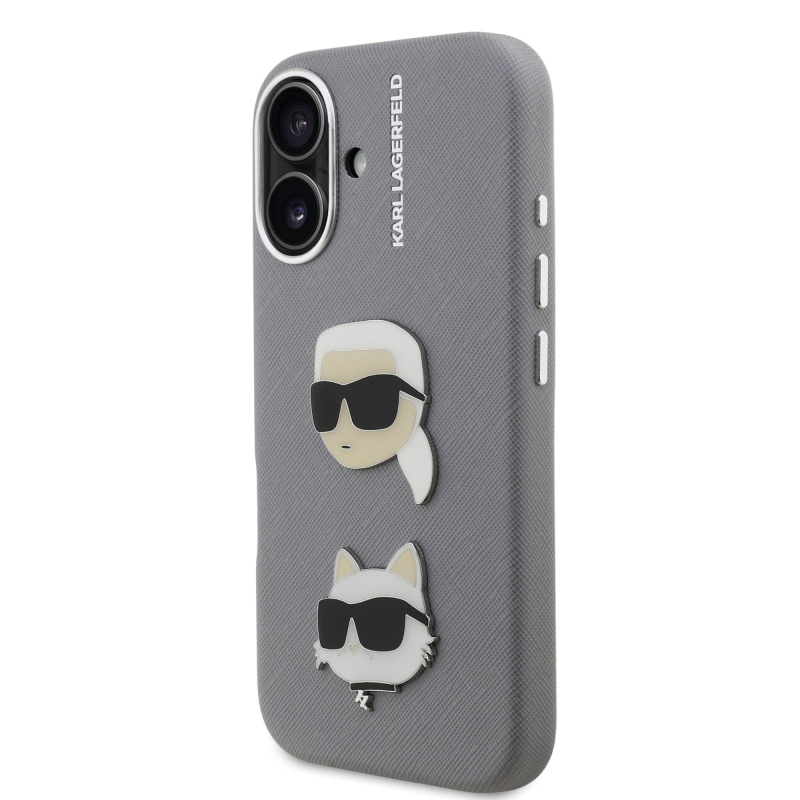 Karl Lagerfeld Grained PU K&CH Heads Zadný Kryt pre iPhone 16 Grey