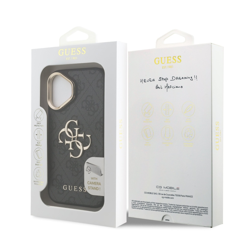 Guess PU 4G Metal Logo Stand Camera Frame Zadný Kryt pre iPhone 16 Black