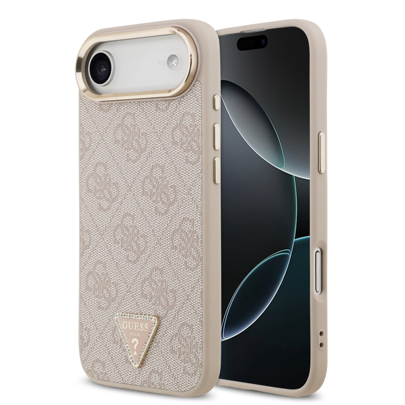 Guess PU kožený 4G štrasové trojuholníkové logo Gold Frame MagSafe zadný kryt pre iPhone Air Pink