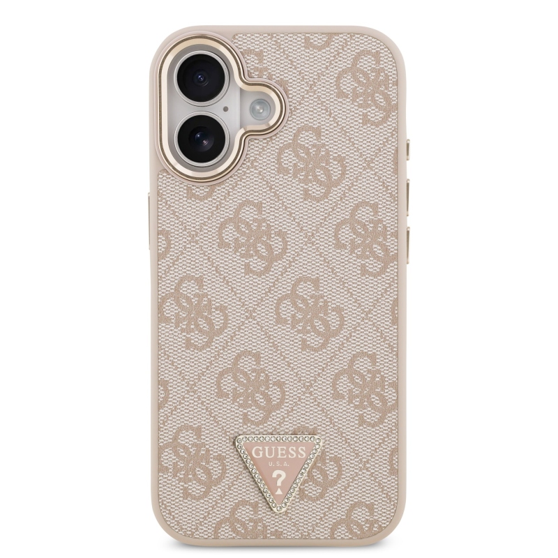 Guess PU kožený 4G štrasové trojuholníkové logo Gold Frame MagSafe zadný kryt pre iPhone 17 Pink