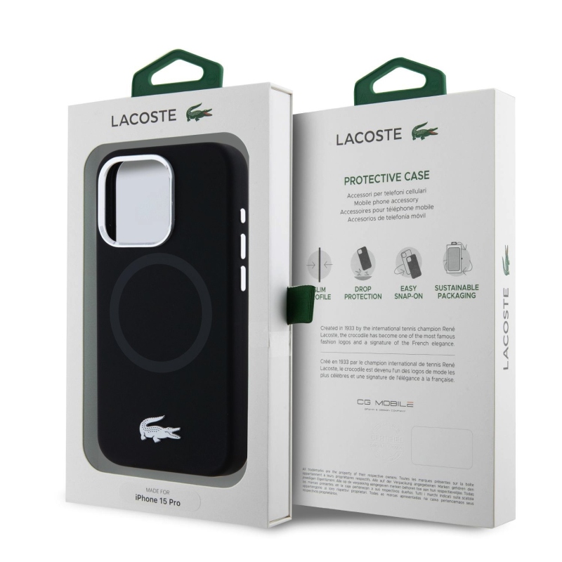 Lacoste Liquid Silicone Microfiber Silver Croc Logo MagSafe Zadný Kryt pre iPhone 15 Pro Black