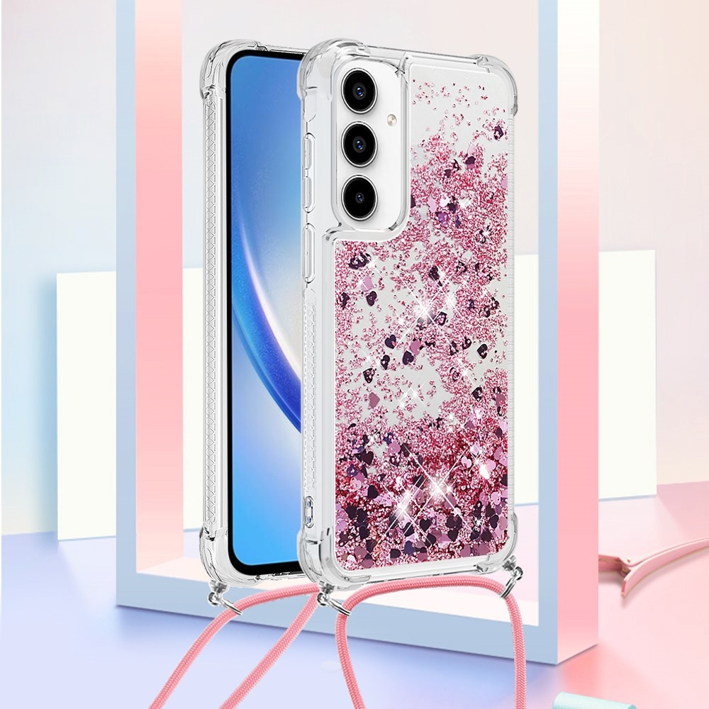 Glitters presýpacie gélový obal so šnúrkou na Samsung Galaxy A36 5G - ružovozlatý/srdiečka