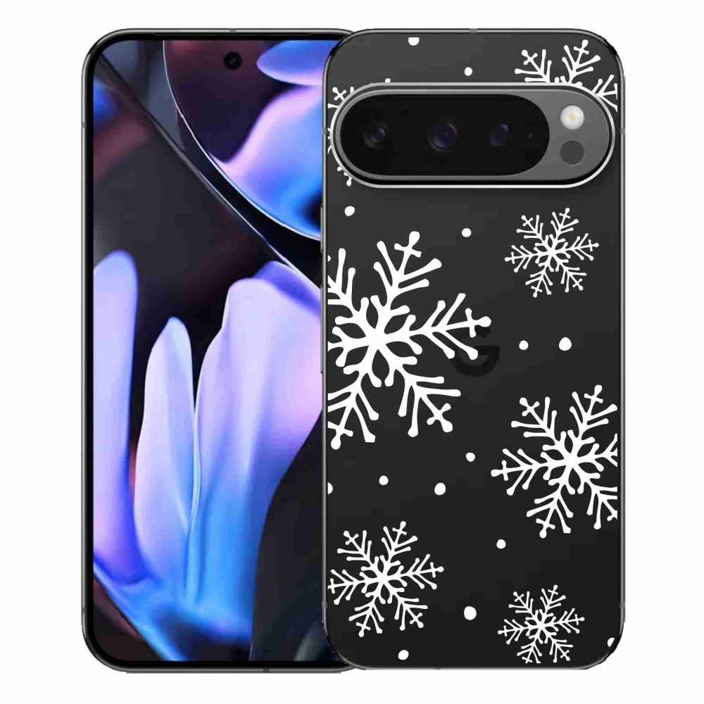 Gélový kryt mmCase na Google Pixel 9 Pro XL - biele vločky na priehľadnom pozadí