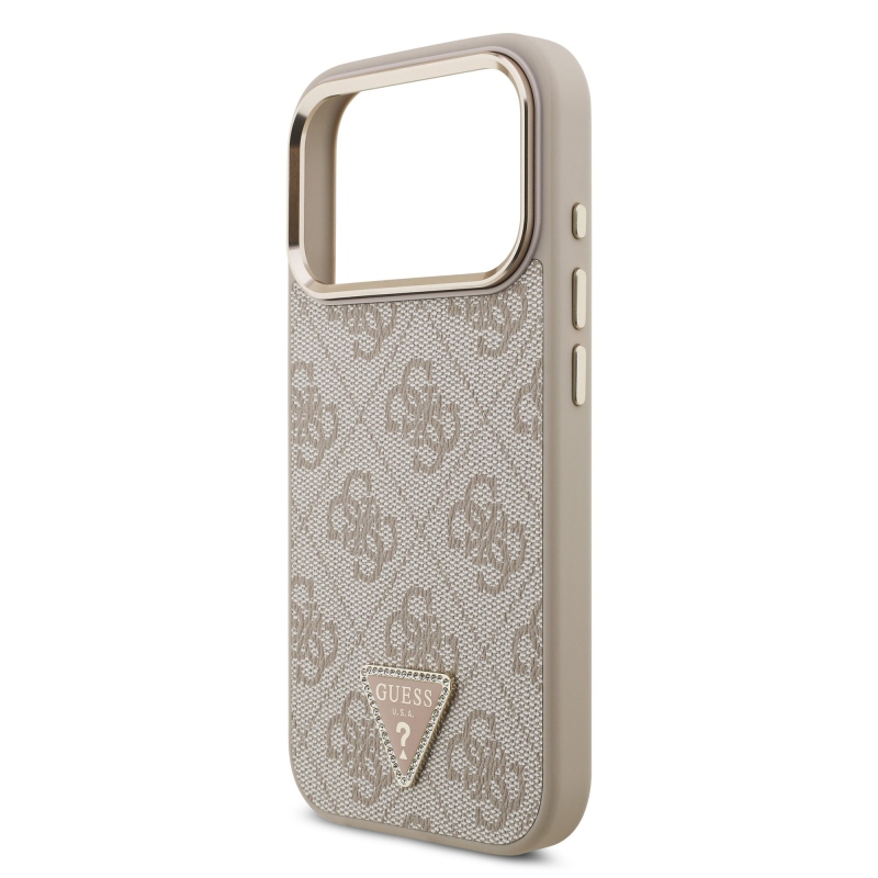 Guess PU kožený 4G štrasové trojuholníkové logo Gold Frame MagSafe zadný kryt pre iPhone 17 Pro Pink