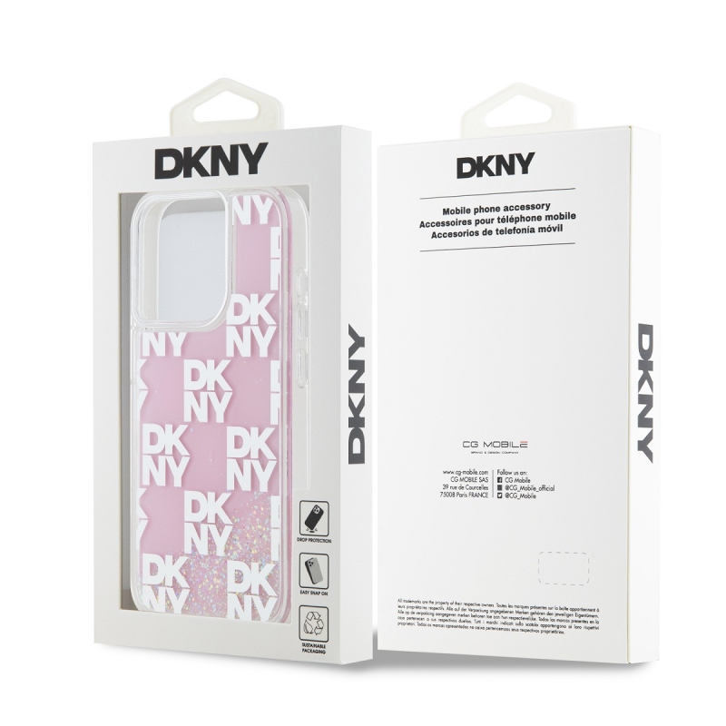 DKNY Liquid Glitter Checkered Pattern Zadný Kryt pre iPhone 15 Pro Pink