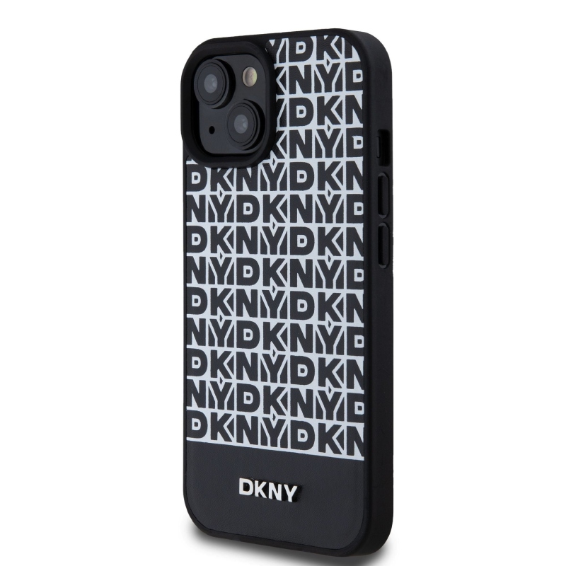 DKNY PU Leather Repeat Pattern Bottom Stripe MagSafe Zadný Kryt pre iPhone 15 Black