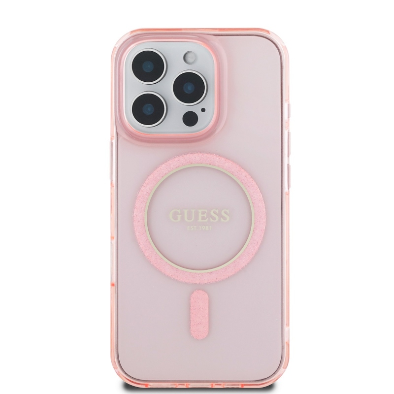 Guess IML Glitter Ring MagSafe Zadný Kryt pre iPhone 16 Pro Max Pink