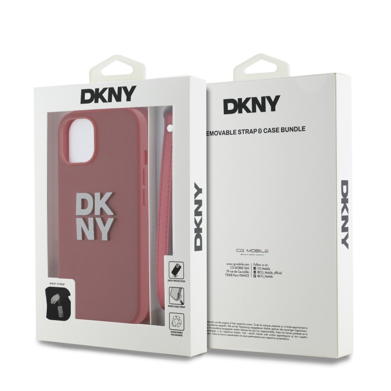 DKNY PU Leather Stack Logo Wrist Strap Zadný Kryt pre iPhone 13 Red