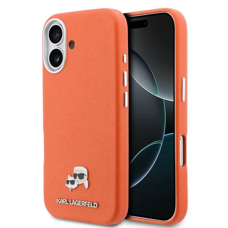 Karl Lagerfeld PU Karl and Choupette Heads Pins MagSafe Back Cover pre iPhone 17 Orange