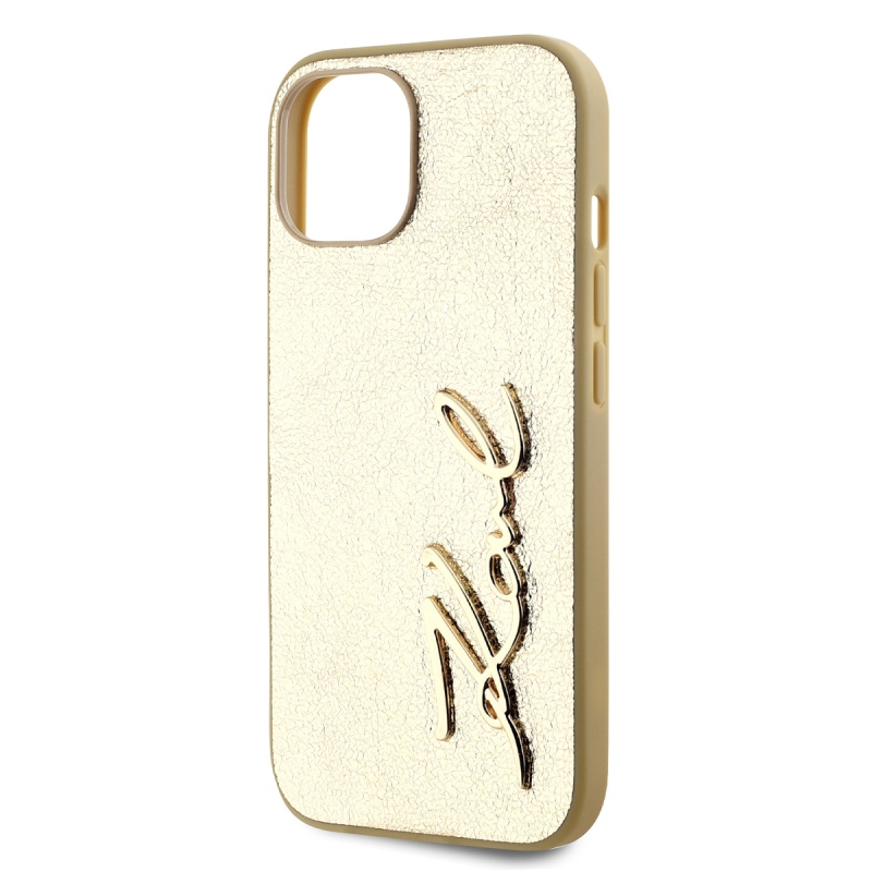 Karl Lagerfeld Wrinkled PU Signature Logo Zadný Kryt pre iPhone 15 Gold