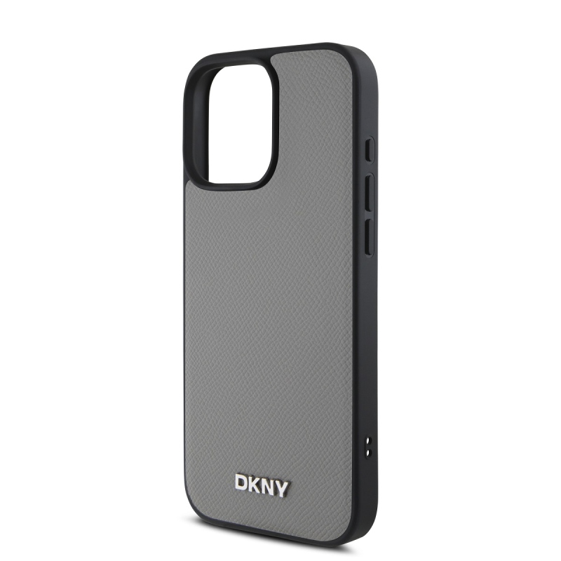 DKNY PU Leather Silver Metal Logo Magsafe Zadný Kryt pre iPhone 16 Pro Grey