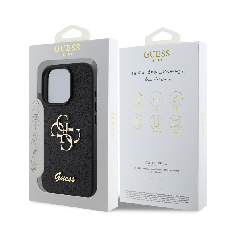 Guess PU Fixed Glitter 4G Metal Logo Zadný Kryt pre iPhone 16 Pro Max Black