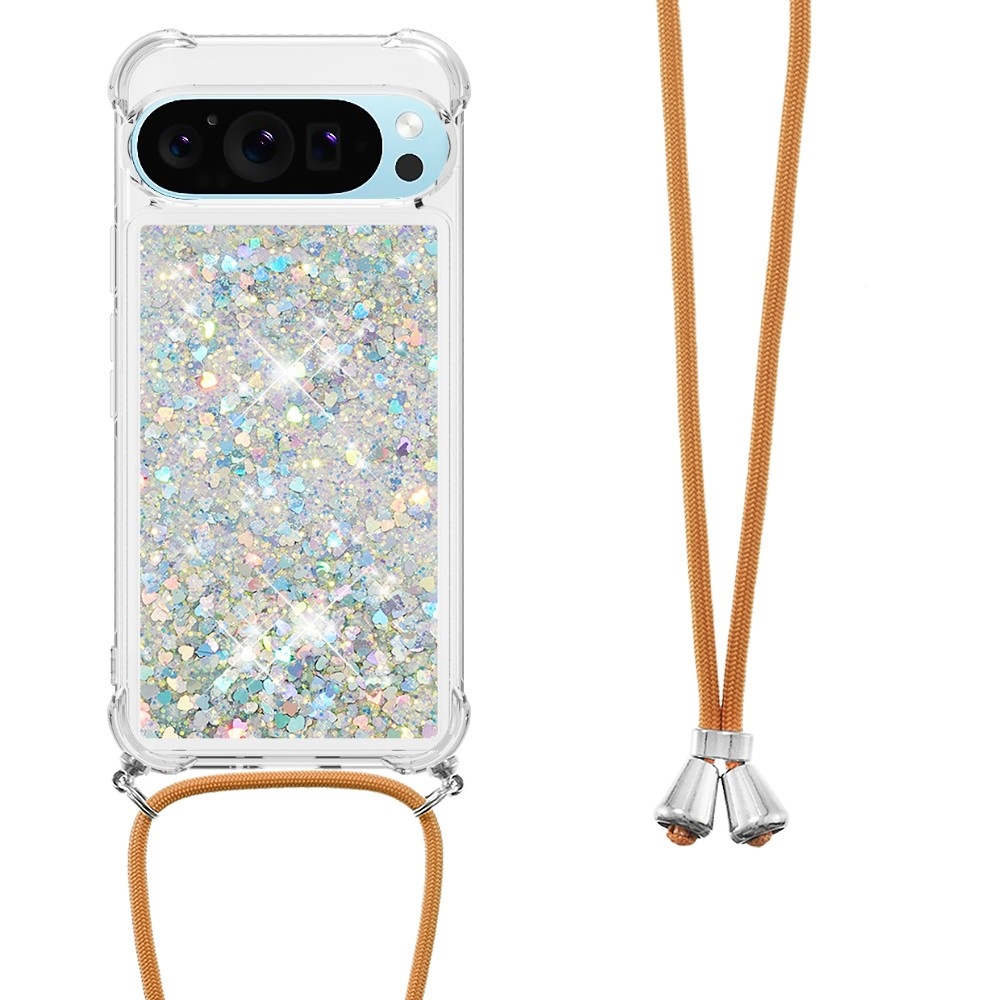 Glitters presýpací gélový obal so šnúrkou na Google Pixel 10 Pro/Pixel 10 - strieborný/srdiečka