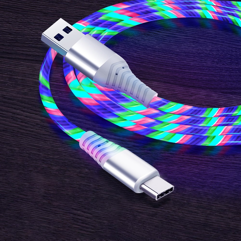 LED svietiaci USB kábel Typ-C 3A pre nabíjanie a synchronizáciu 1m - farebný