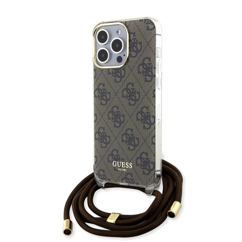 Guess IML 4G Printed Crossbody Popruh Zadný Kryt pre iPhone 15 Pro Brown