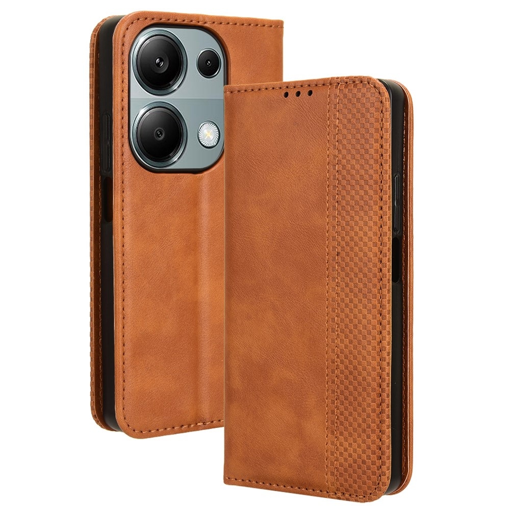 Vintage knižkové púzdro na Xiaomi Redmi Note 14S/Note 13 Pro 4G/Poco M6 Pro - hnedé