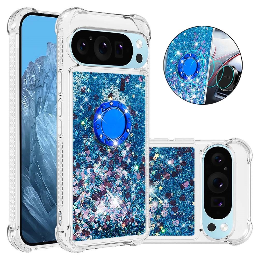 Glitt presýpací gélový obal s krúžkom na prst na Google Pixel 10 - modrý/srdiečka