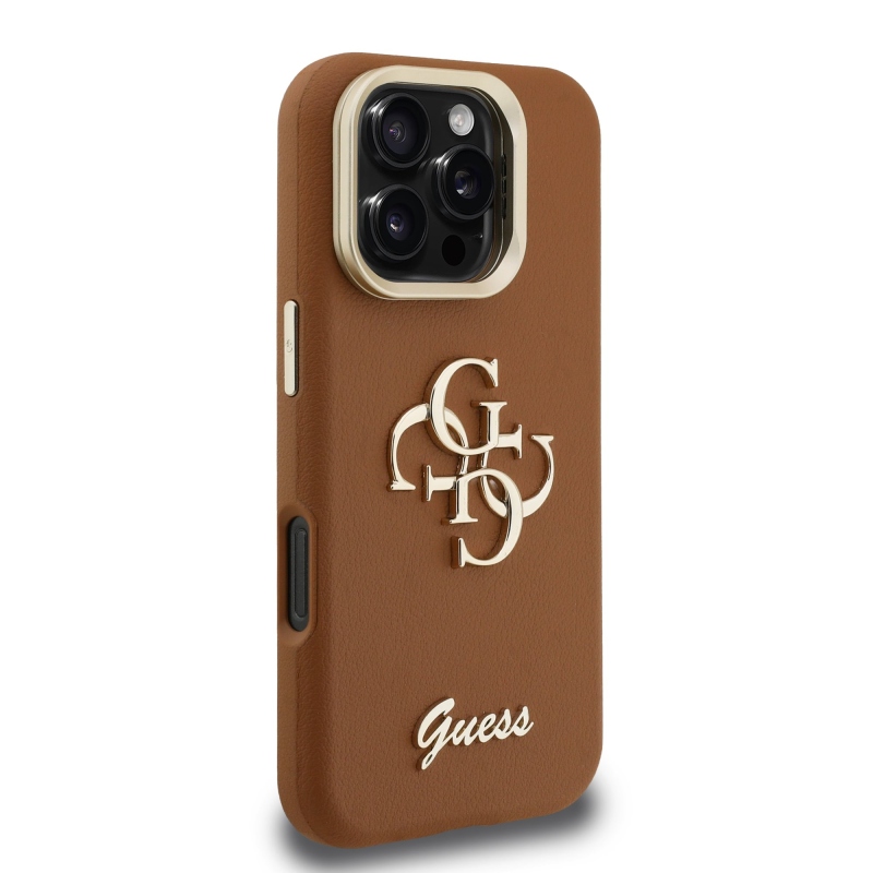 Guess PU Grained 4G Logo Stand Camera Frame Zadný Kryt pre iPhone 16 Pro Max Brown