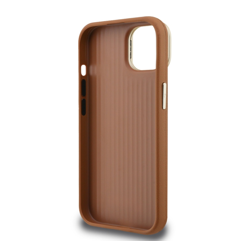 Guess PU Grained 4G Logo Stand Camera Frame Zadný Kryt pre iPhone 14 Brown