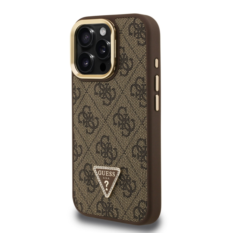 Guess PU 4G Strass Triangle Logo Stand Camera Frame MagSafe Zadný Kryt pre iPhone 16 Pro Brown