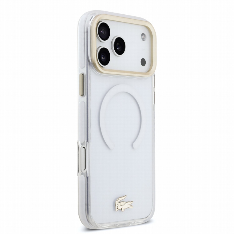 Lacoste IML Shockproof Petit Pique Gold Logo MagSafe zadný kryt pre iPhone 18 Pro Max, priehľadný